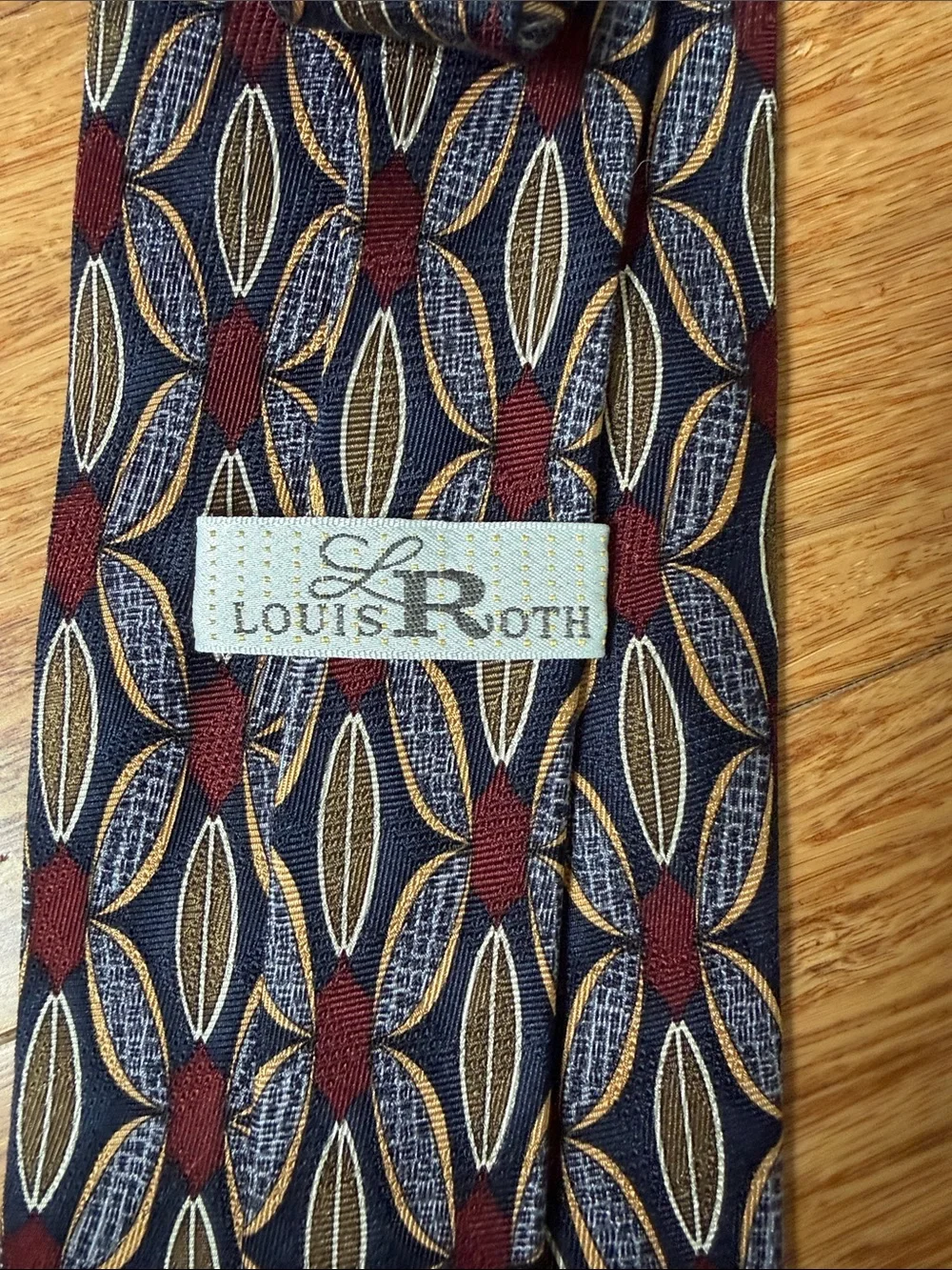 (5t) Louis Roth 100% Silk Handmade Geometric Art Deco Navy Burgundy